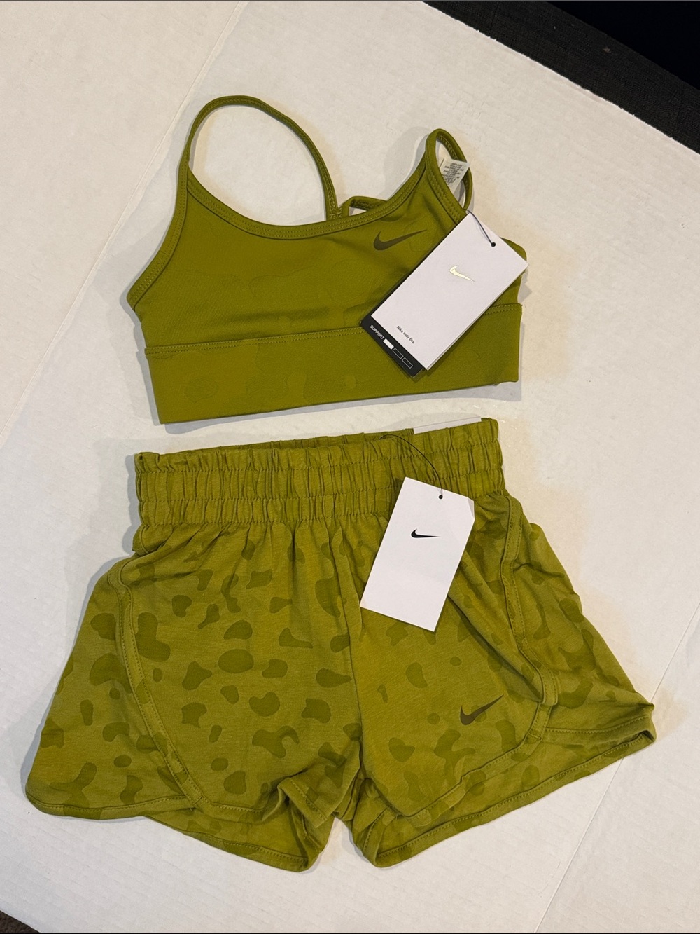 Nike Olive Sports Bra and Camo Print Athletic Shorts Set